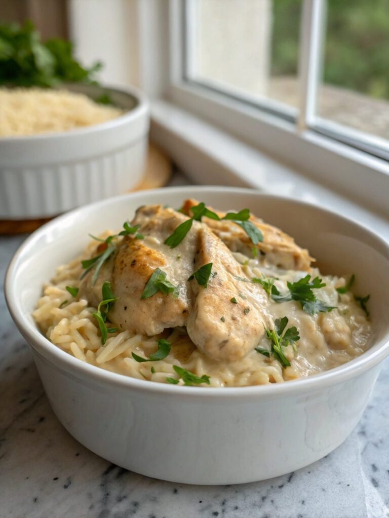 Delightful presentation of creamy smothered chicken and rice