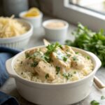 Plate of delicious Creamy Smothered Chicken Rice served fresh.