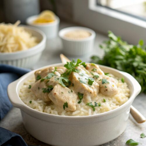 Plate of delicious Creamy Smothered Chicken Rice served fresh.