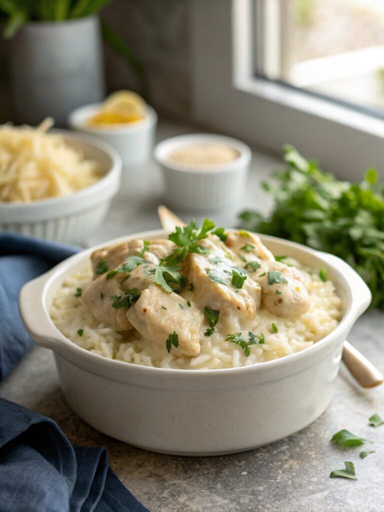 Plate of delicious Creamy Smothered Chicken Rice served fresh.