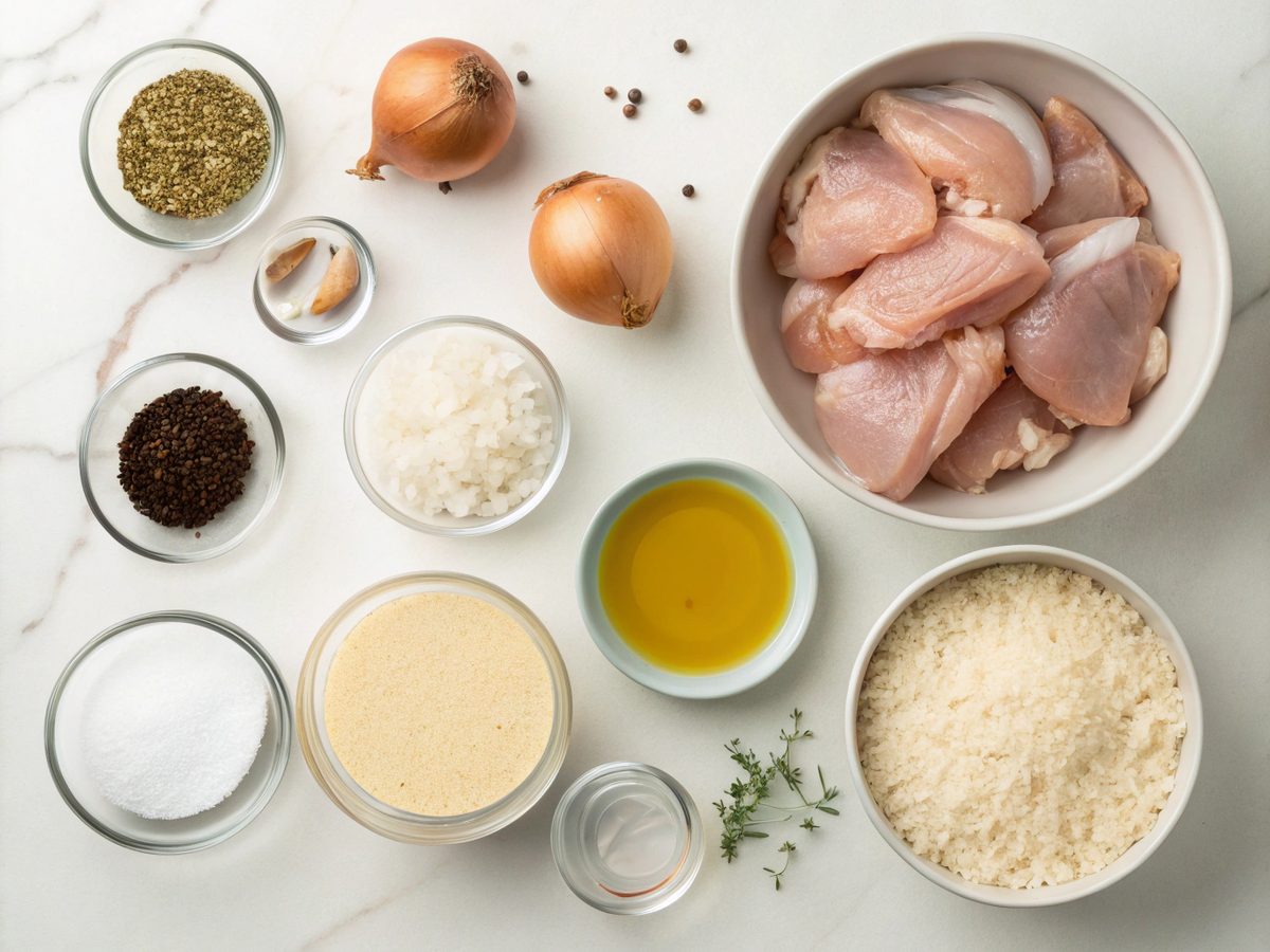 Top view of ingredients for creamy smothered chicken rice including chicken, spices, and liquids