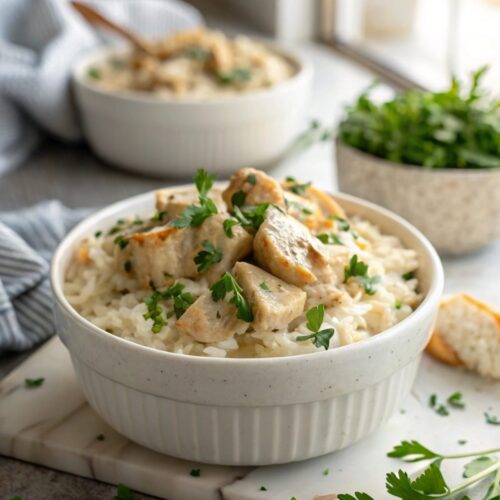A delicious serving of Creamy Smothered Chicken Rice on a dish