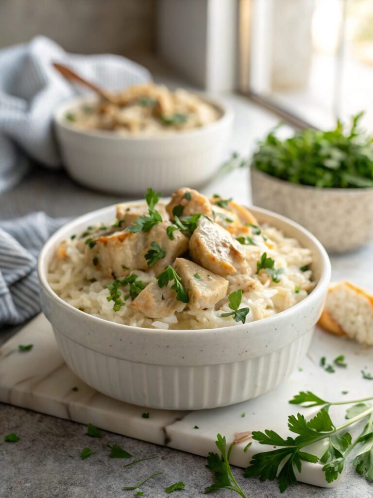 A delicious serving of Creamy Smothered Chicken Rice on a dish