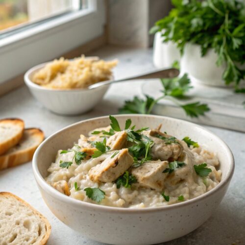 Picture of delicious creamy smothered chicken rice served fresh