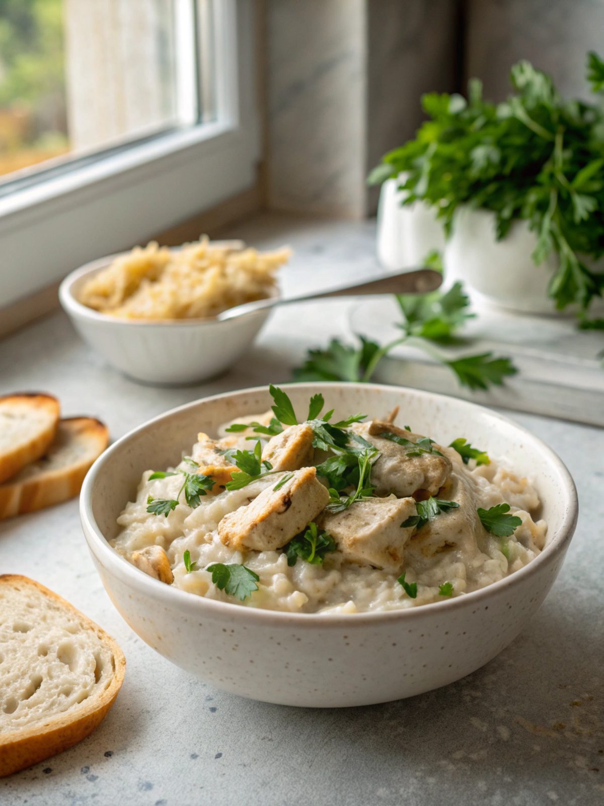 Picture of delicious creamy smothered chicken rice served fresh