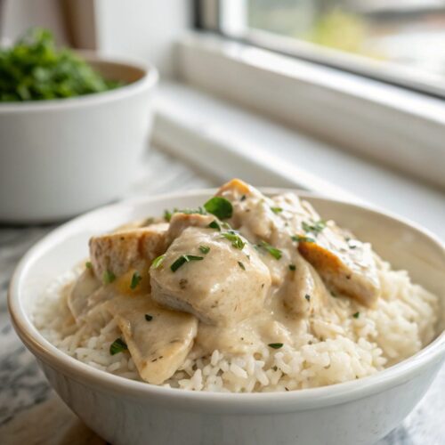 A delectable bowl of creamy smothered chicken rice