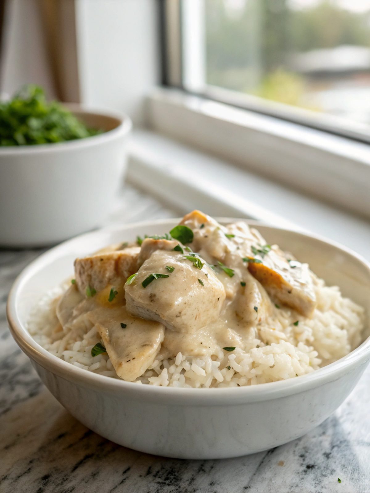 A delectable bowl of creamy smothered chicken rice