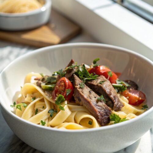Delicious creamy strip steak pasta served in a bowl