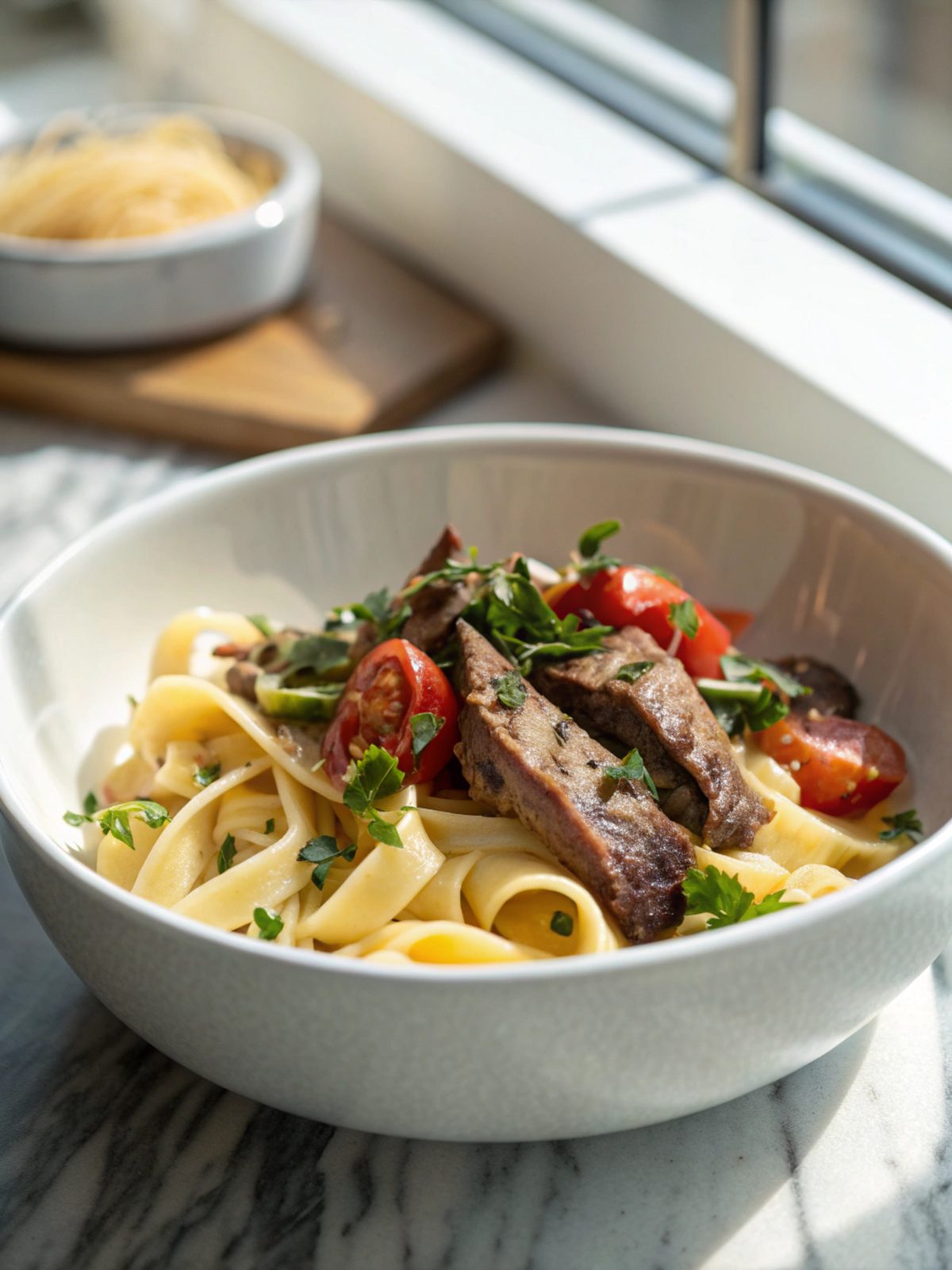 Delicious creamy strip steak pasta served in a bowl