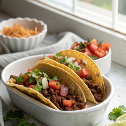 Delicious crispy beef tacos on display, featuring succulent beef and vibrant toppings.