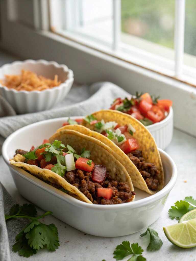Delicious crispy beef tacos on display, featuring succulent beef and vibrant toppings.