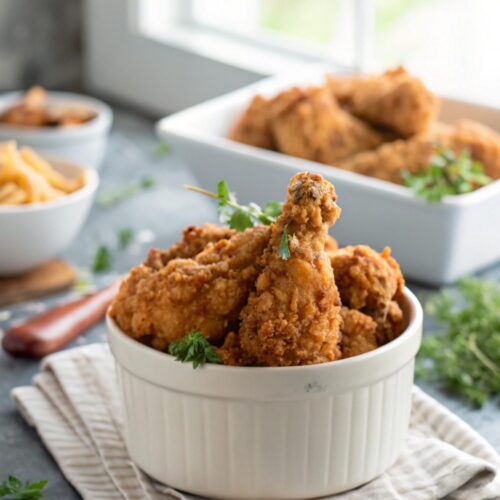 An inviting display of crispy buttermilk fried chicken