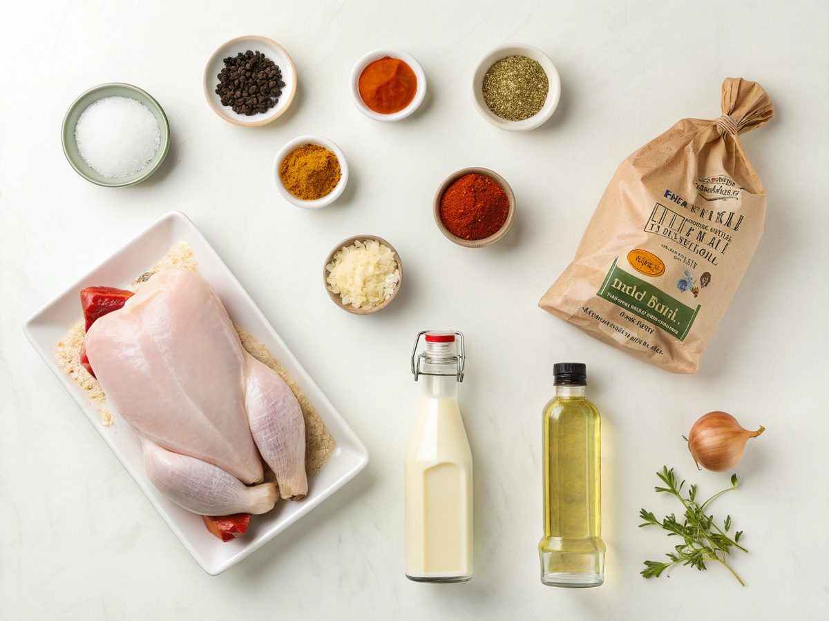 Ingredients for making crispy buttermilk fried chicken