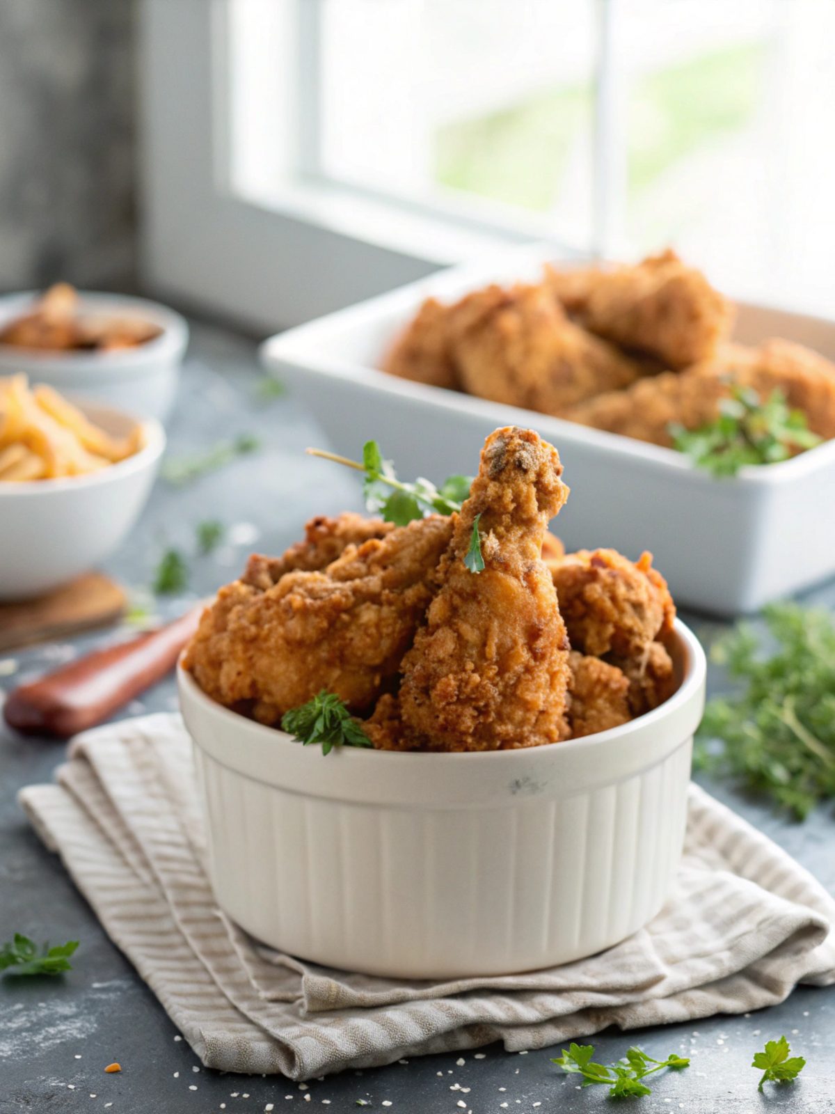An inviting display of crispy buttermilk fried chicken