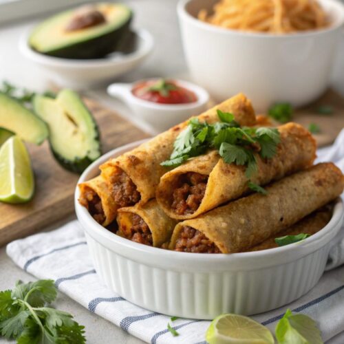 Crispy and Cheesy Beef Taquitos served on a plate