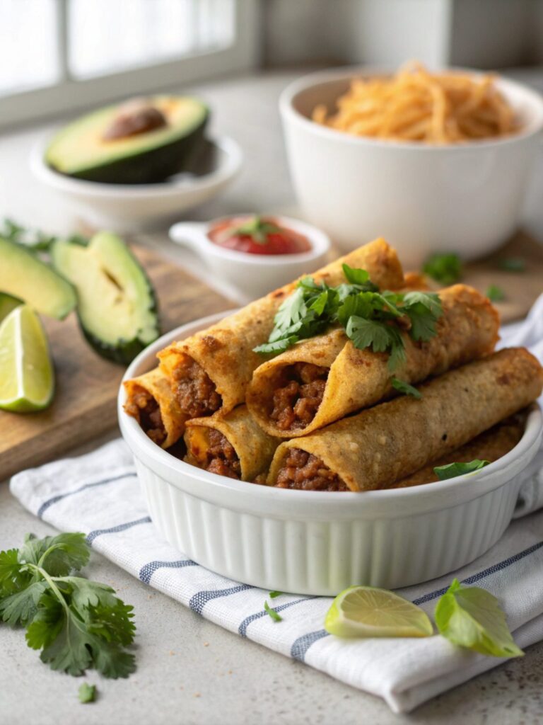 Crispy and Cheesy Beef Taquitos served on a plate