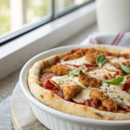 Crispy chicken Parmesan pizza fresh out of the oven, garnished with basil
