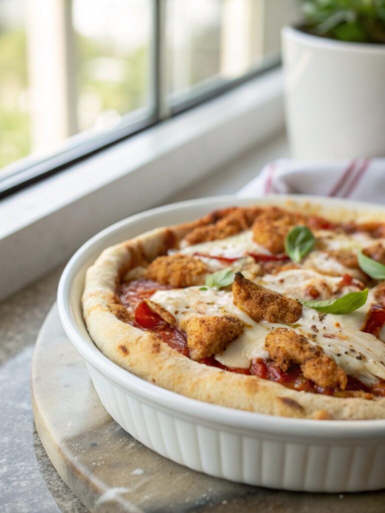 Crispy chicken Parmesan pizza fresh out of the oven, garnished with basil