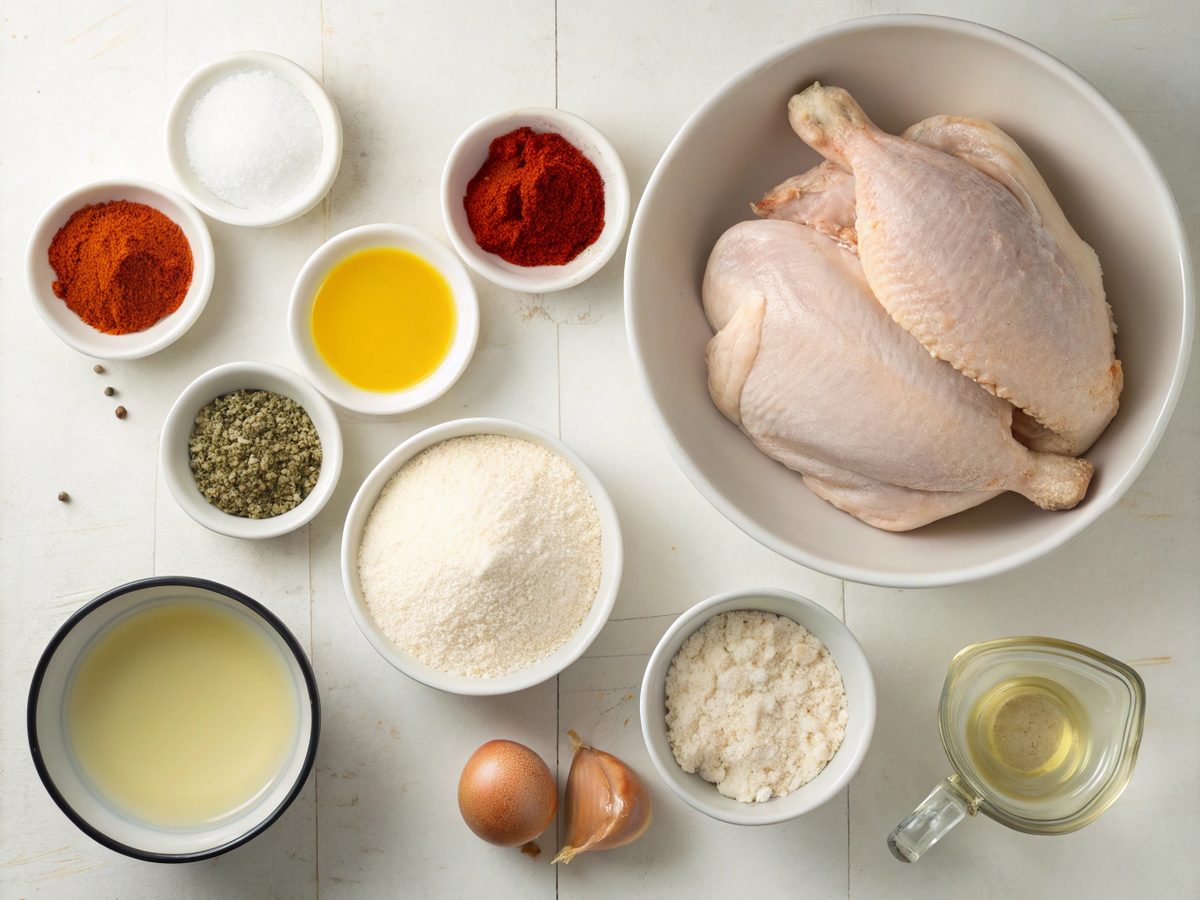 Ingredients for crispy fried chicken recipe, including spices and buttermilk.