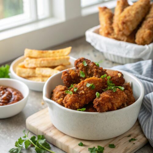Delicious Crispy Honey BBQ Fried Chicken Tenders ready to serve.