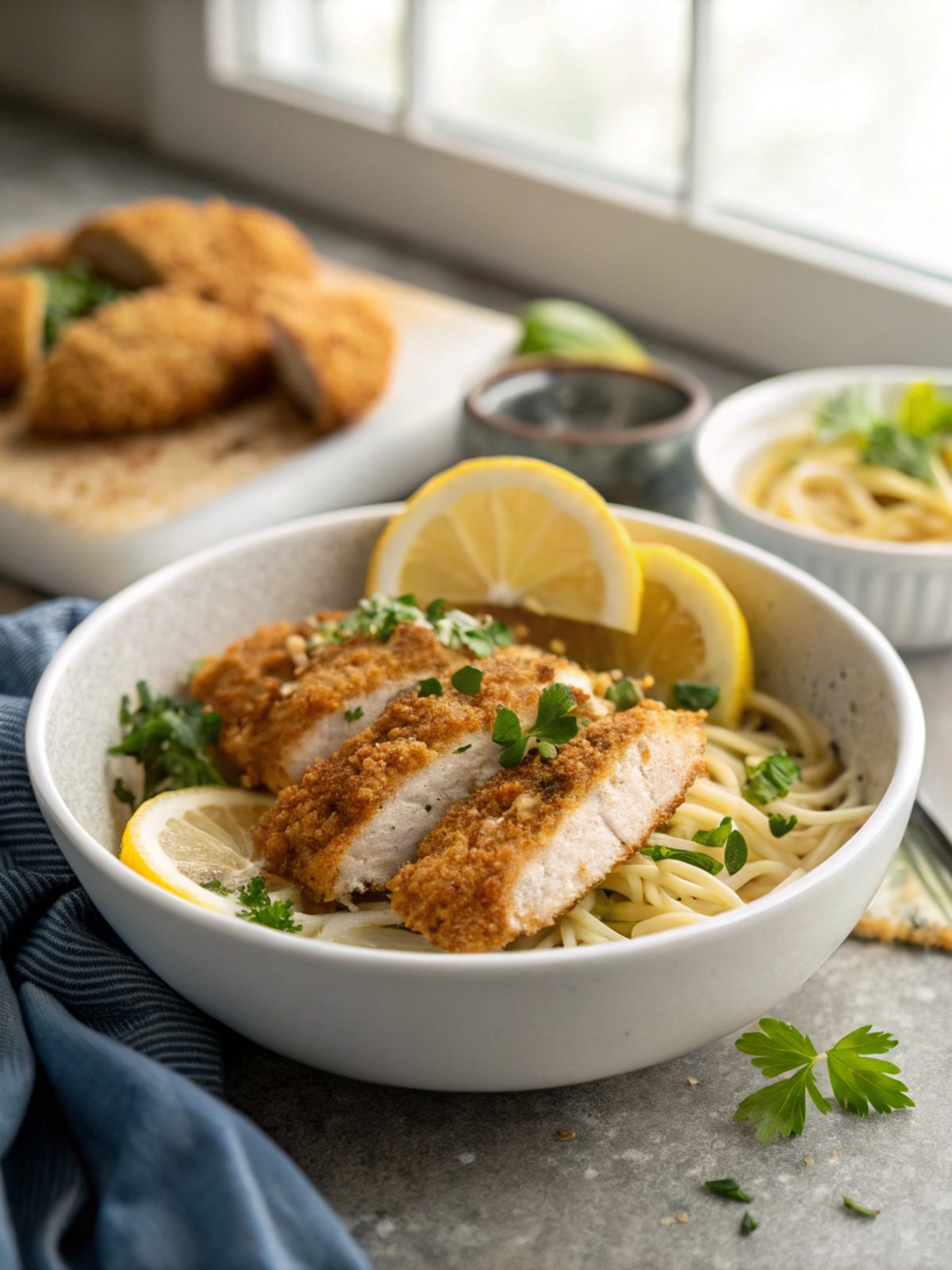Detailed view of Crispy Lemon Panko Chicken served fresh and hot