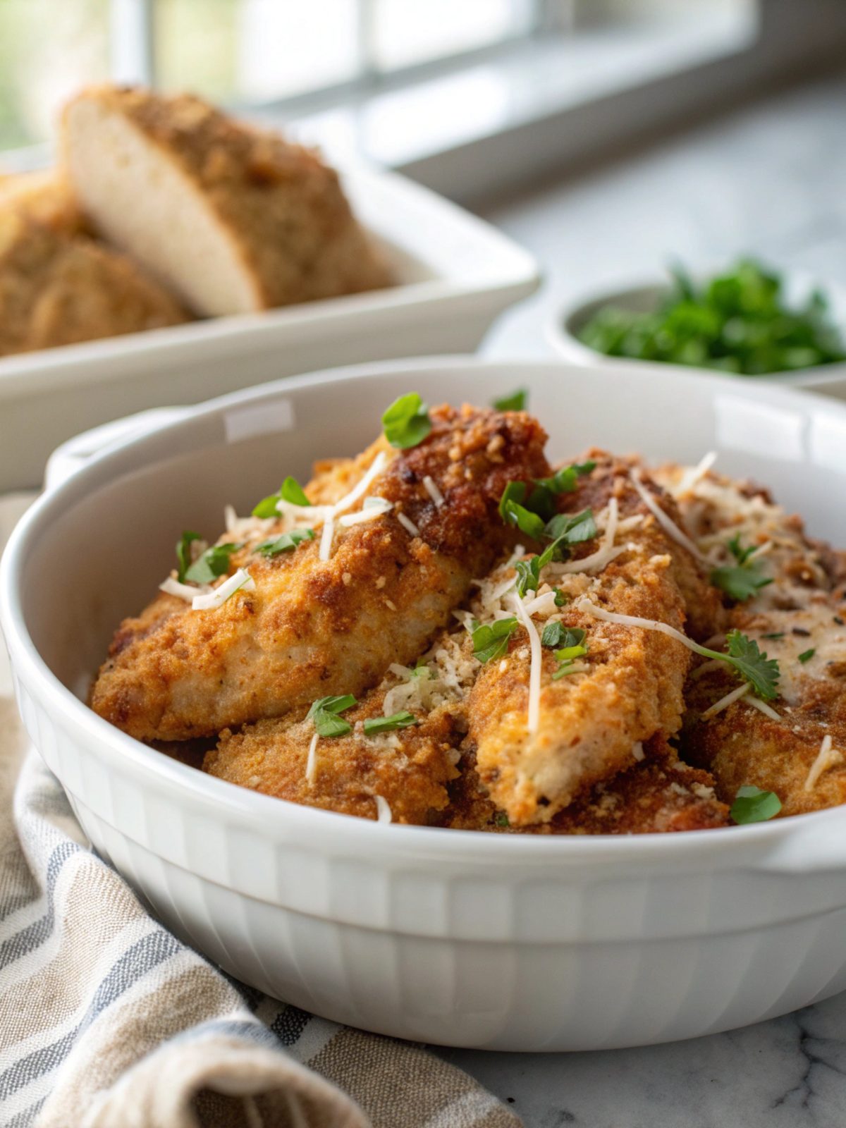A delicious plate of Crispy Parmesan Chicken with Garlic Sauce