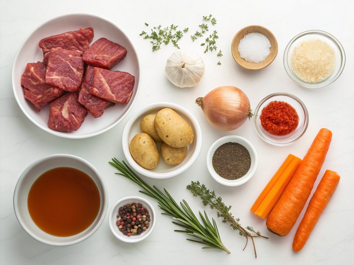 Ingredients for making a crock pot beef stew, including beef, vegetables, and broth