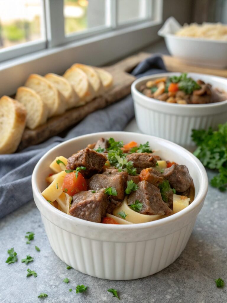 Delicious crock pot beef tips ready to serve