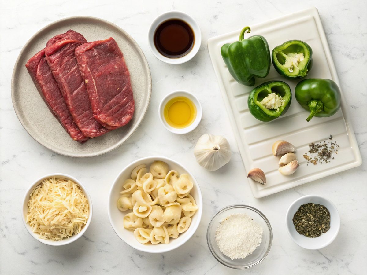 Ingredients laid out for crock pot cheesesteak tortellini recipe