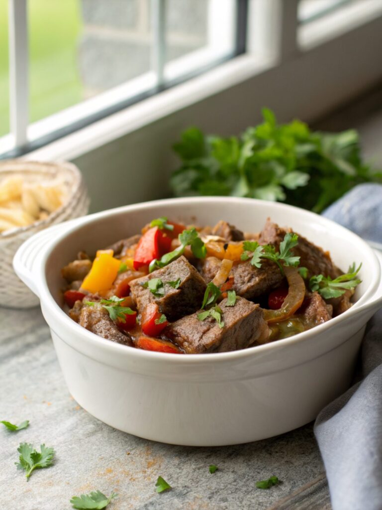 A plated, finished dish of crock pot pepper steak ready to enjoy