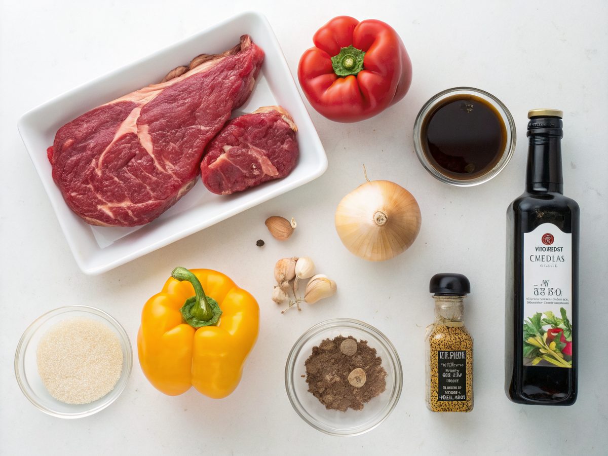 Ingredients for crock pot pepper steak arranged on a kitchen surface
