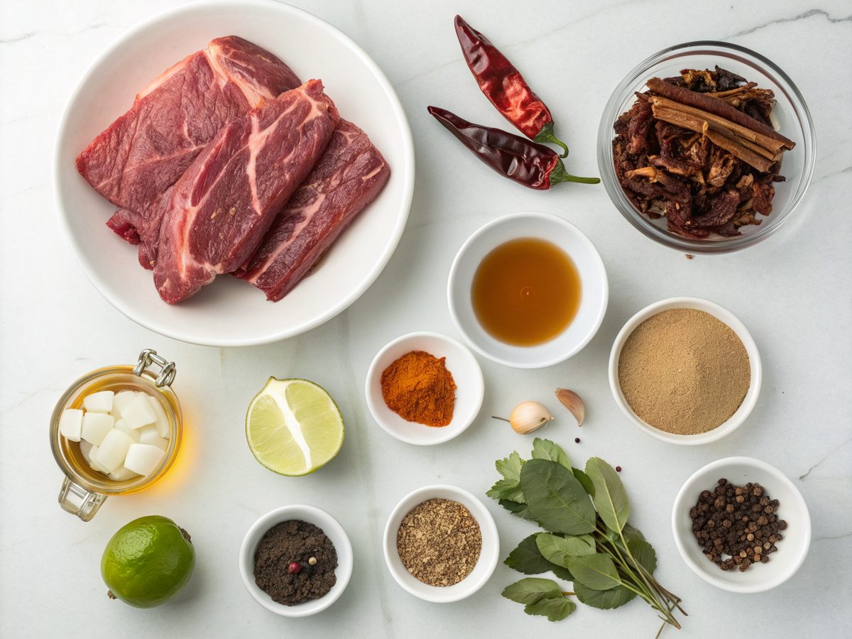 Ingredients for making Crockpot Birria de Res including meats and spices.
