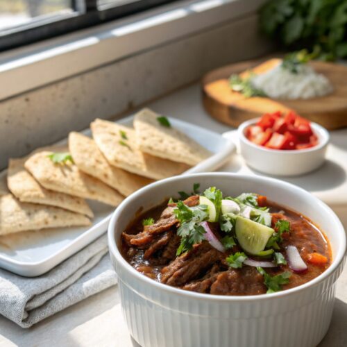 Delicious Crockpot Birria de Res served elegantly, capturing its rich flavors.