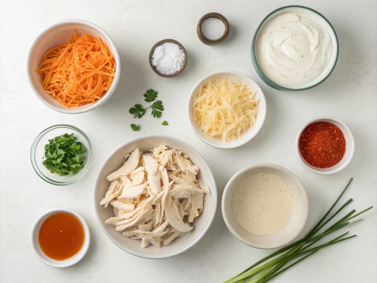 A collection of ingredients needed for Crockpot Buffalo Chicken Dip, arranged neatly.
