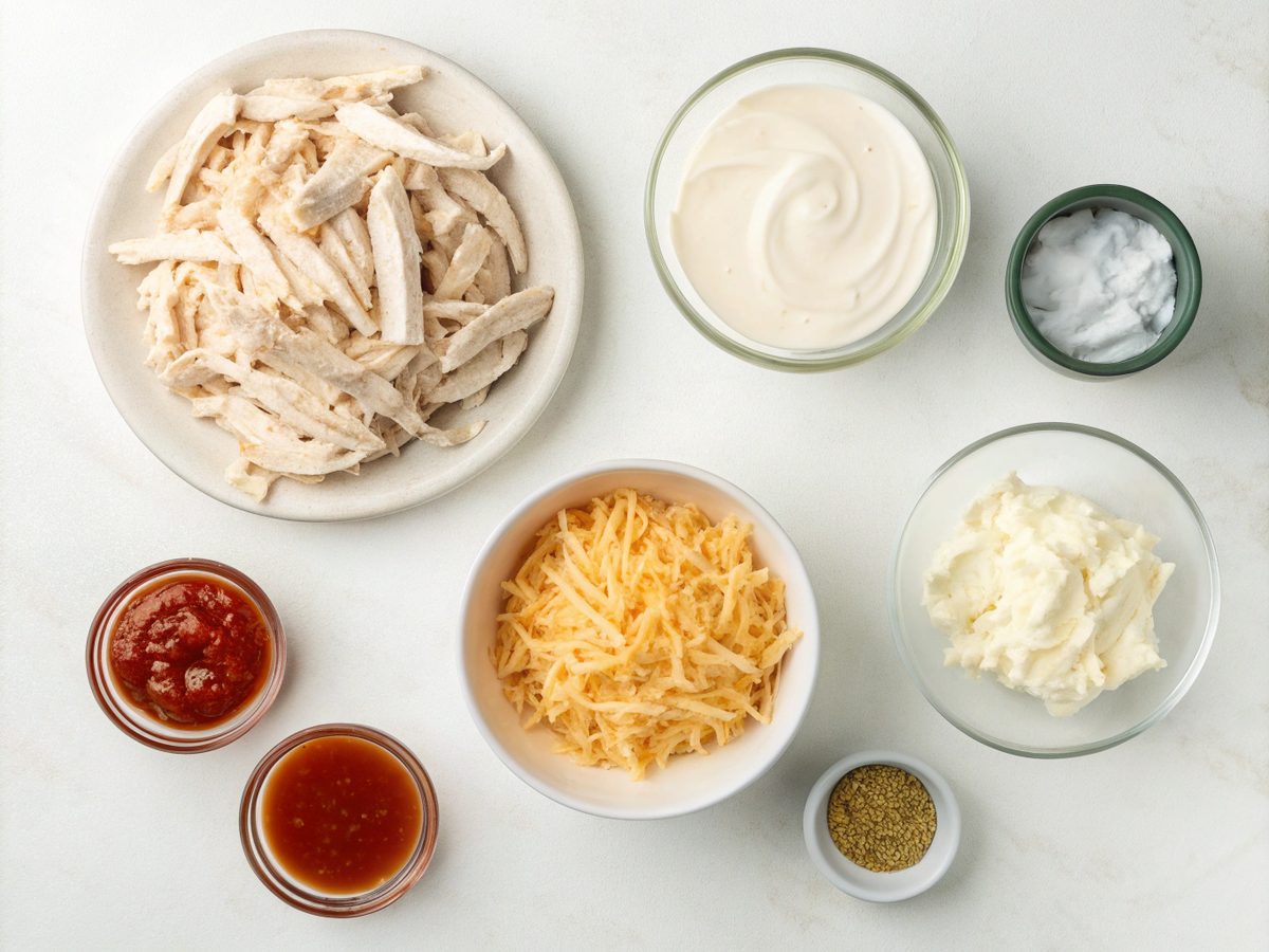 A visual guide to the ingredients needed for crockpot buffalo chicken dip.