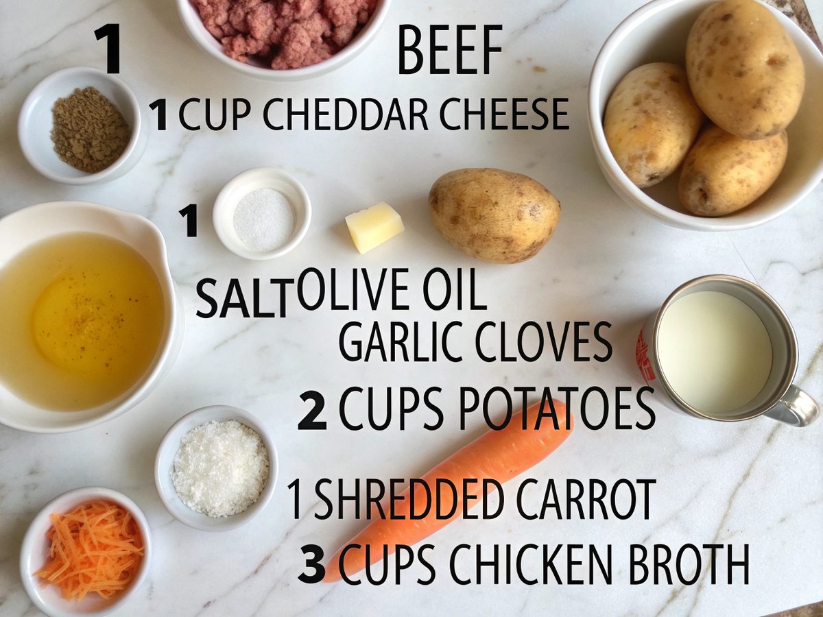 Flat lay of ingredients for Crockpot Cheeseburger Soup with beef, cheese, potatoes, and broth.