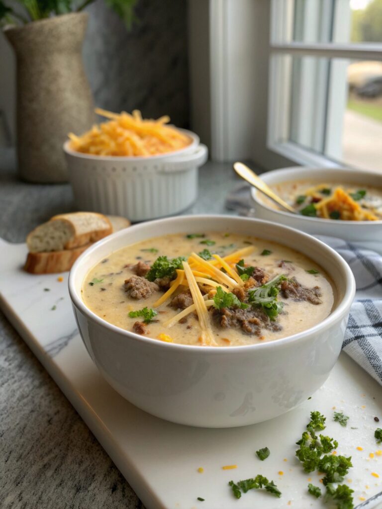 Delicious Crockpot Cheeseburger Soup served in a bowl with natural garnishes