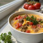 Close-up of delicious Crockpot Cheeseburger Soup served in a bowl.