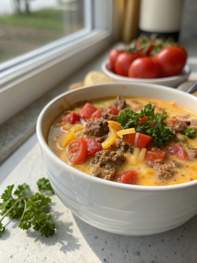 Close-up of delicious Crockpot Cheeseburger Soup served in a bowl.