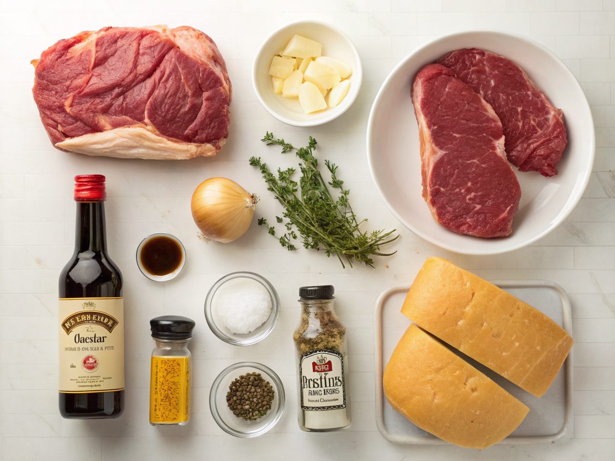 Crockpot French Dip Sandwich Ingredients including beef, bread, and cheese