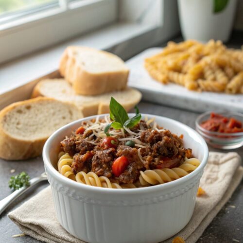 Delicious crockpot ground beef pasta served in a ceramic bowl, garnished with cheese and herbs.