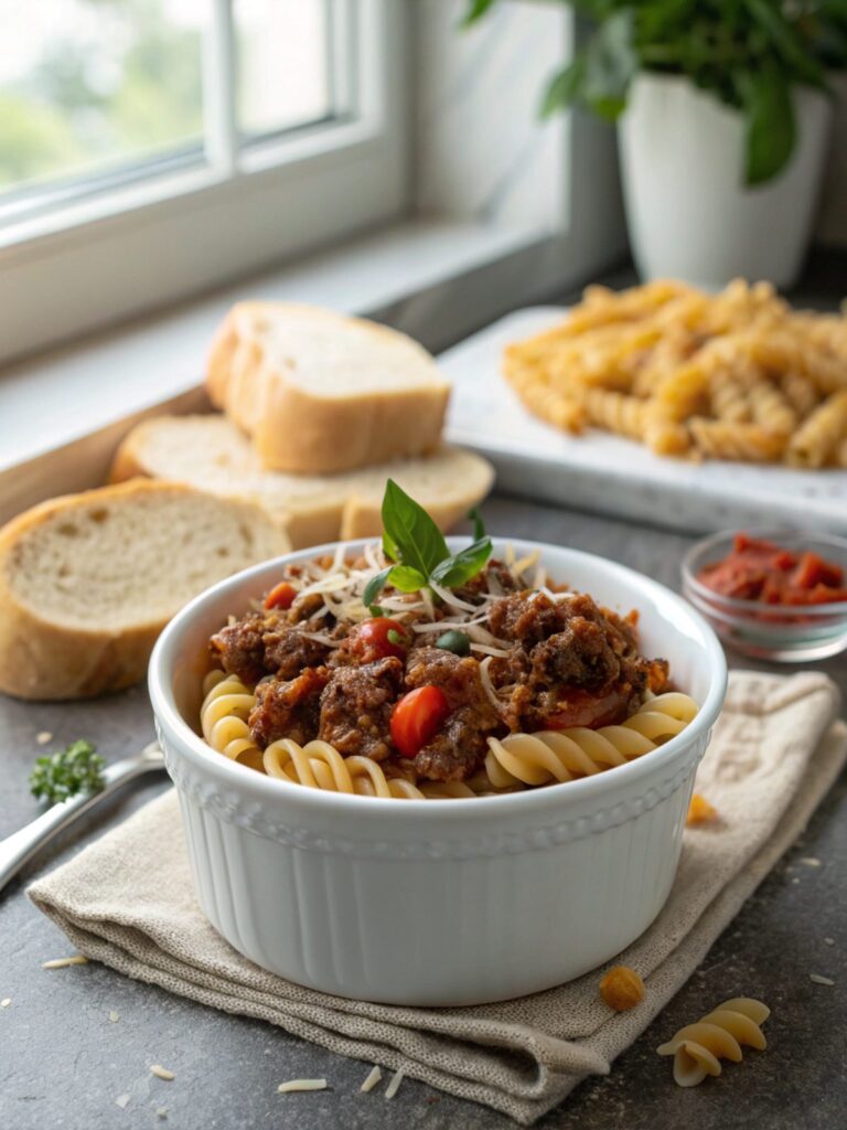 Delicious crockpot ground beef pasta served in a ceramic bowl, garnished with cheese and herbs.