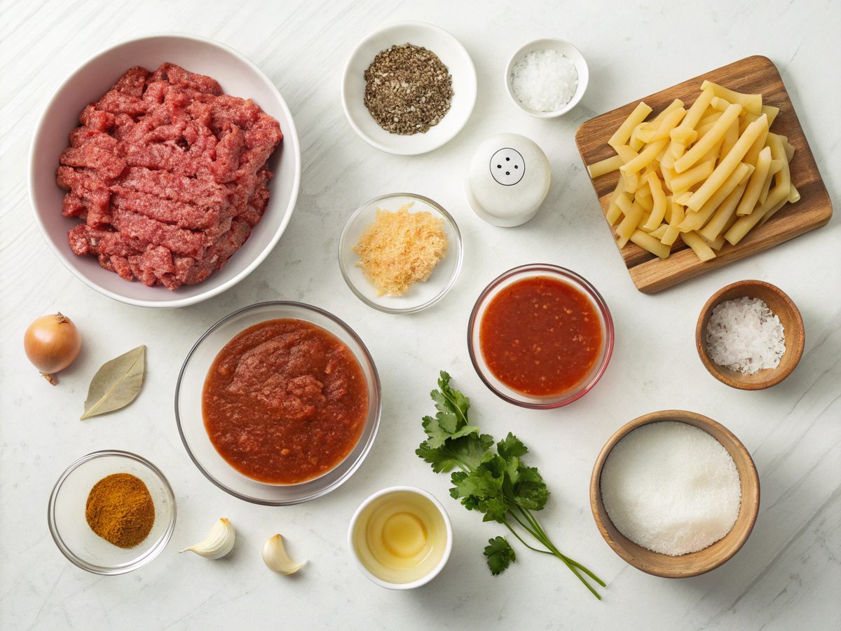 An overhead view of crockpot ground beef pasta ingredients including pasta, beef, sauce, and cheese.
