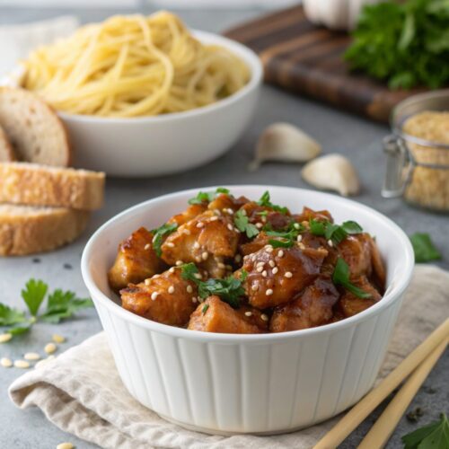 A luscious serving of Crockpot Honey Garlic Chicken Recipe garnished with herbs
