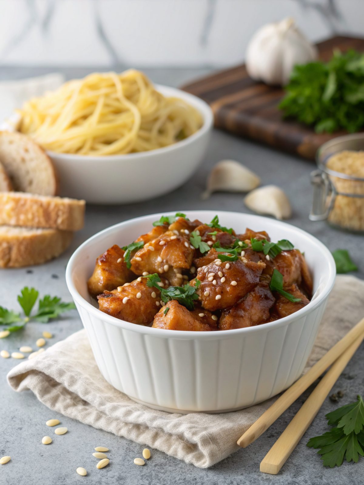 A luscious serving of Crockpot Honey Garlic Chicken Recipe garnished with herbs