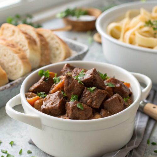 Delicious Crockpot No Peek Beef Tips served in a clean presentation