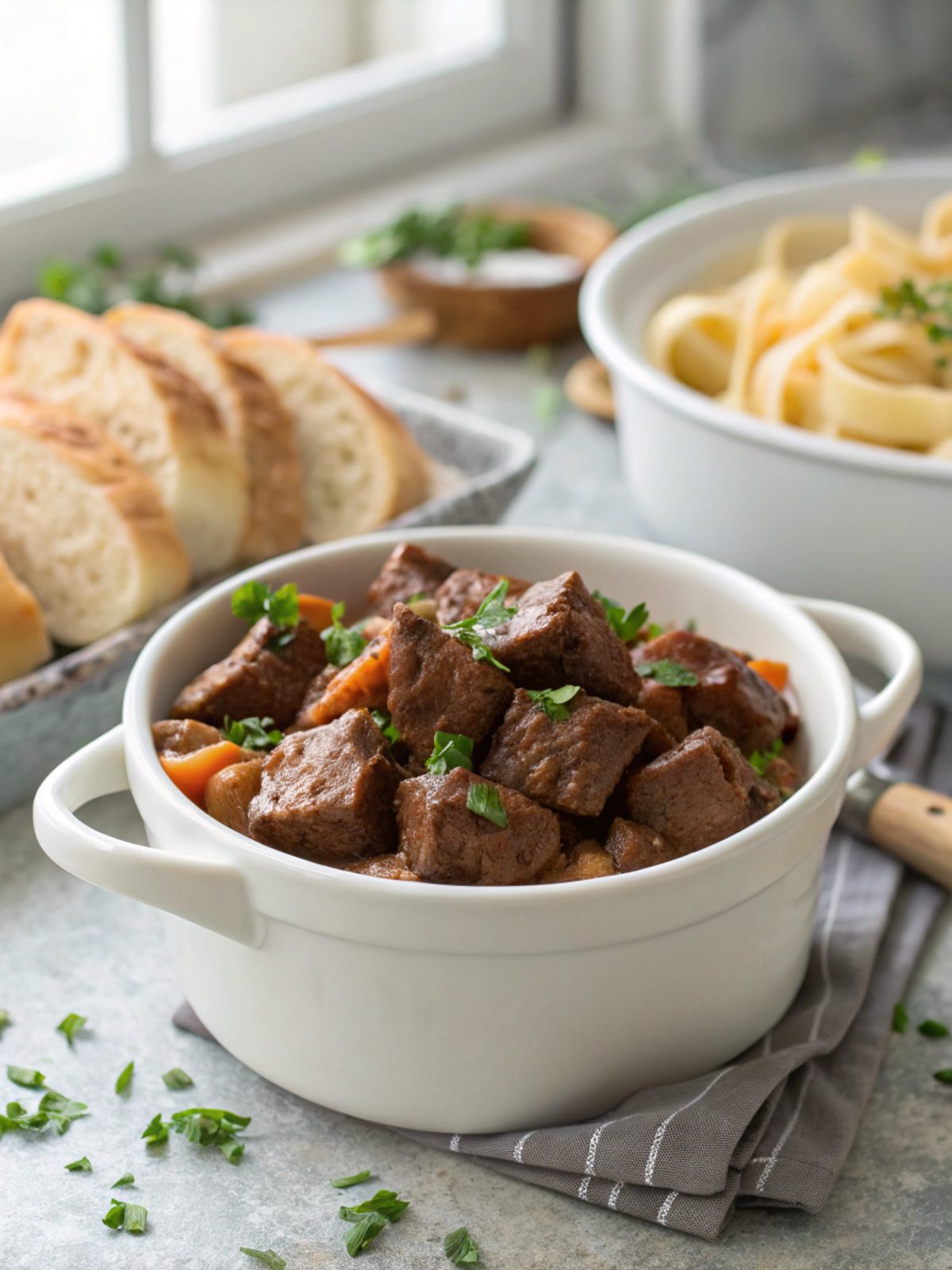 Delicious Crockpot No Peek Beef Tips served in a clean presentation