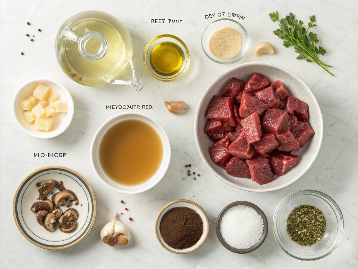 Ingredients for crockpot no peek beef tips laid out neatly
