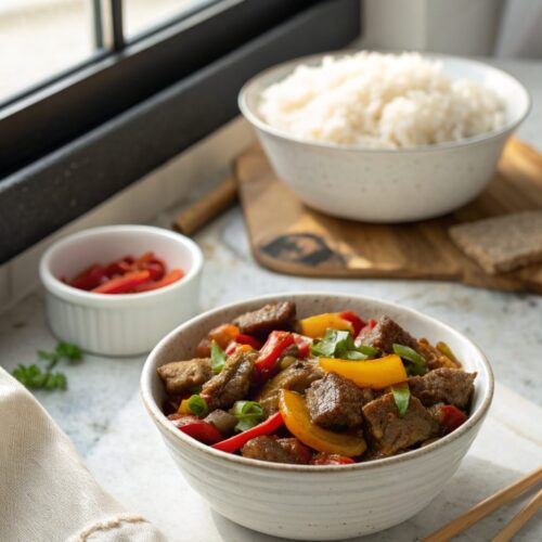 Deliciously tender crockpot pepper steak garnished and ready to serve.