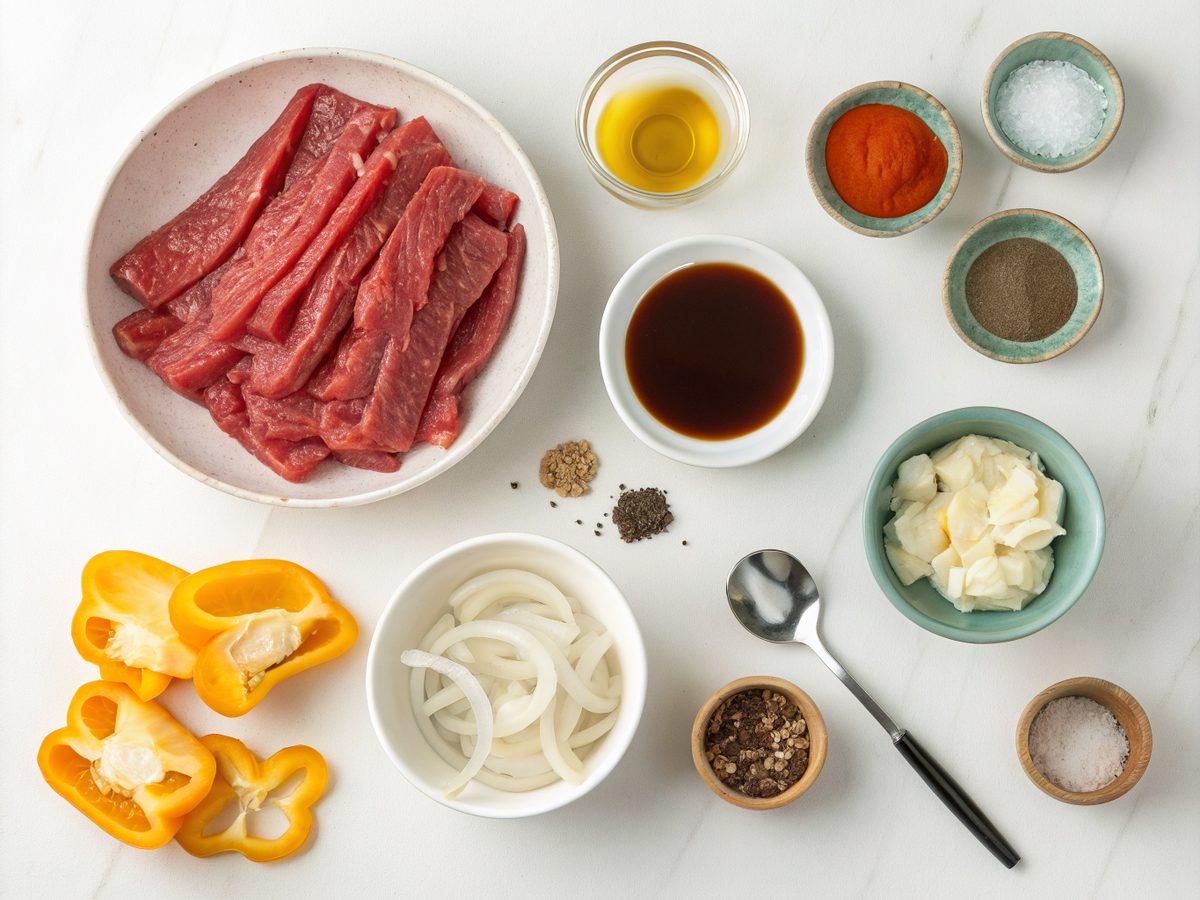 All essential ingredients for making crockpot pepper steak.